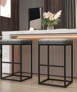 ALPHA HOME Faux Leather Bar Stools, Gray/Black, Set Of 2 Stools 2