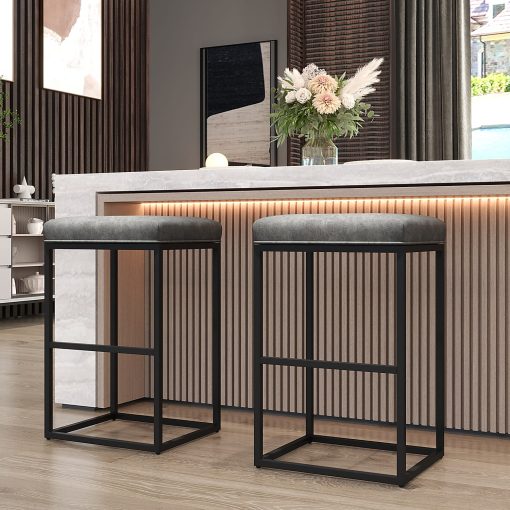 ALPHA HOME Faux Leather Bar Stools, Gray/Black, Set Of 2 Stools - Image 2