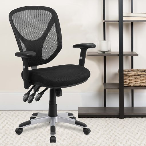 Flash Furniture Mesh Mid-Back Swivel Task Chair With Adjustable Arms, Black/Silver - Image 2