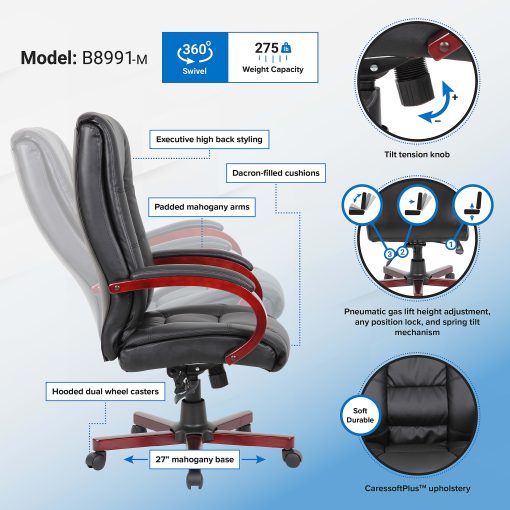 Boss Office Products Aaria Ergonomic Vinyl/Wood High-Back Chair, Black/Mahogany - Image 2