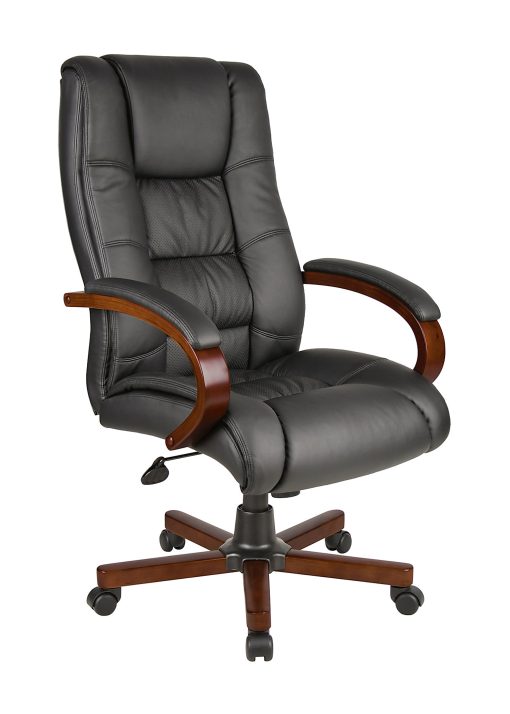 Boss Office Products Aaria Ergonomic Vinyl/Wood High-Back Chair, Black/Mahogany