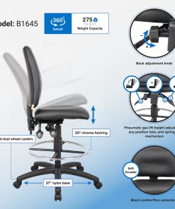 Boss Office Products LeatherPlus™ Bonded Leather Drafting Stool, Black/Chrome 2