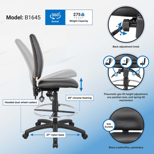 Boss Office Products LeatherPlus™ Bonded Leather Drafting Stool, Black/Chrome - Image 2