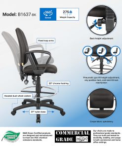 Boss Office Products Fabric Drafting Stool With Loop Armrests, Black/Chrome 2