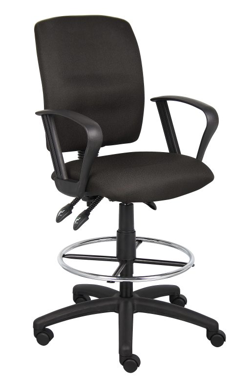 Boss Office Products Fabric Drafting Stool With Loop Armrests, Black/Chrome