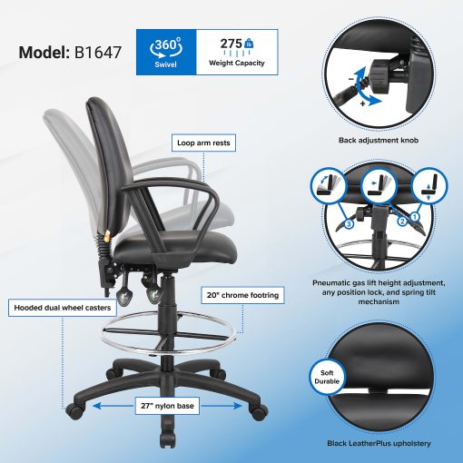 Boss Office Products Multi-Function Budget Drafting Stool, Black/Chrome - Image 2