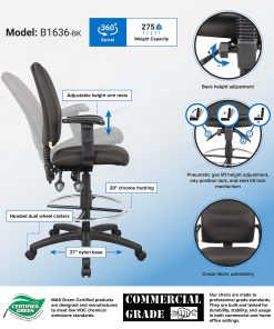 Boss Office Products Fabric Drafting Stool With Adjustable Arms, Black/Chrome 2