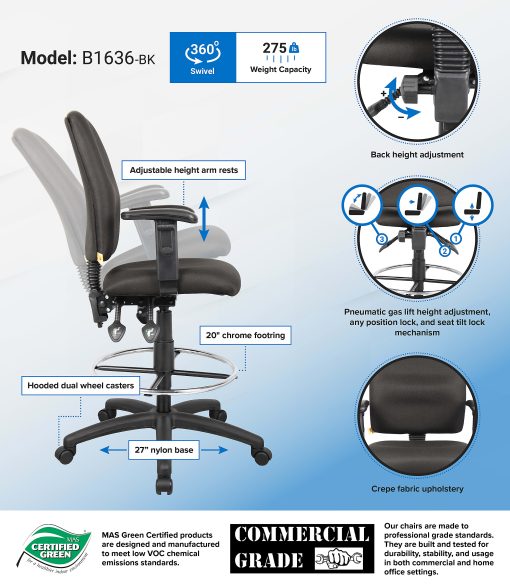 Boss Office Products Fabric Drafting Stool With Adjustable Arms, Black/Chrome - Image 2