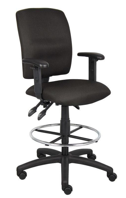 Boss Office Products Fabric Drafting Stool With Adjustable Arms, Black/Chrome
