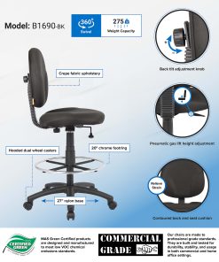 Boss Office Products Stand-Up Fabric Drafting Chair With Back, Black 2