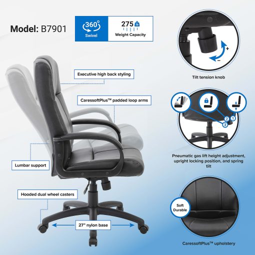 Boss Office Products Ergonomic Caressoftplus Vinyl High-Back Executive Office Chair, Black - Image 2