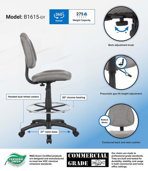 Boss Drafting Stool, Gray/Chrome, B1615-GY - Image 2
