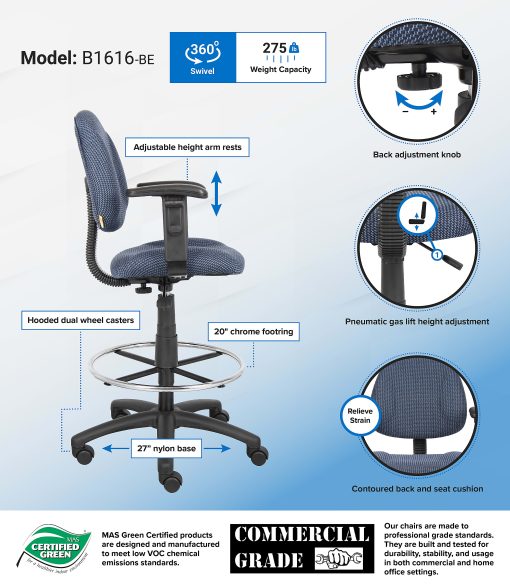 Boss Office Products Drafting Stool, Adjustable Arms - Image 2