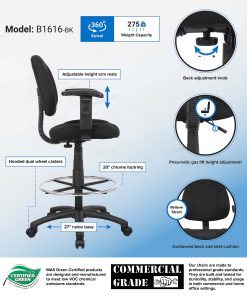 Boss Office Products Drafting Stool, Adjustable Arms, Black, B1616-BK 2