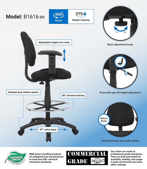 Boss Office Products Drafting Stool, Adjustable Arms, Black, B1616-BK - Image 2