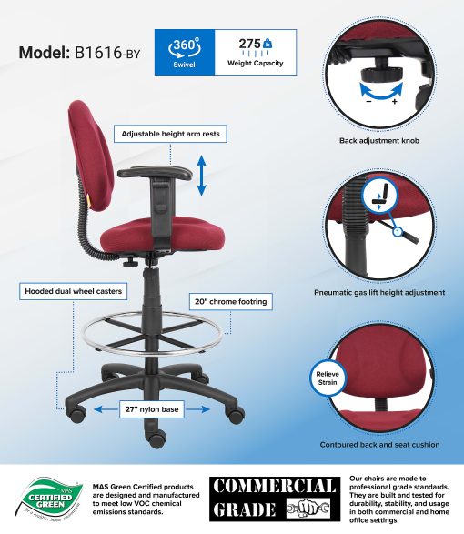 Boss Office Products Drafting Stool, Adjustable Arms, Burgundy, B1616-BY - Image 2