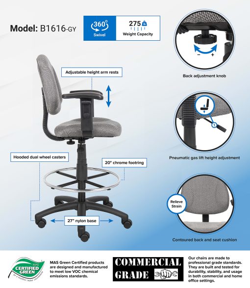 Boss Office Products Drafting Stool, Gray - Image 2