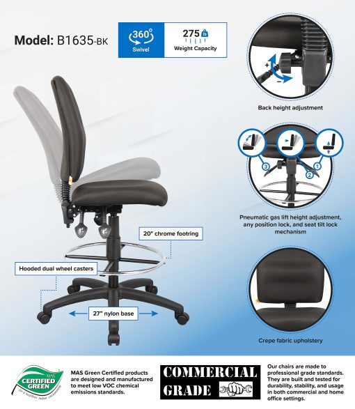 Boss Office Products Fabric Armless Drafting Stool, Black/Chrome - Image 2