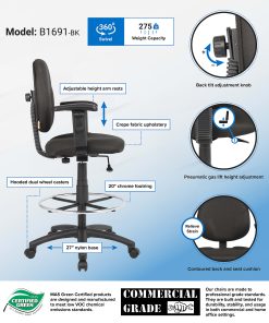 Boss Office Products Drafting Stool, Adjustable Arms, Black/Chrome, B1691-BK 2