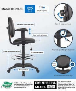 Boss Office Products Drafting Stool With Antimicrobial Protection, Adjustable Arms, Footring, Black 2