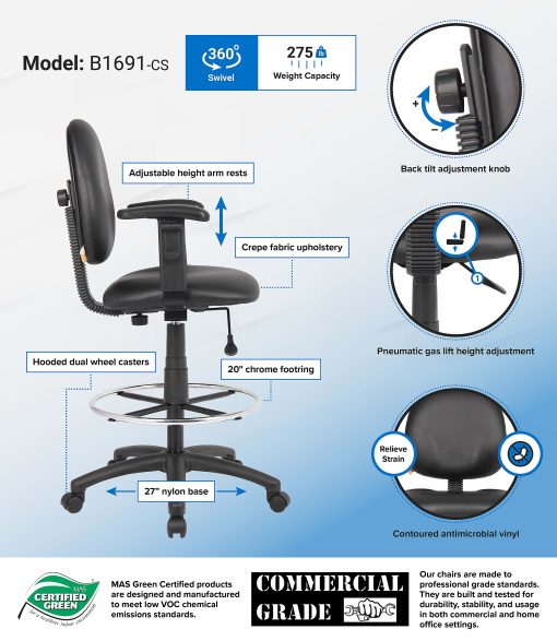 Boss Office Products Drafting Stool With Antimicrobial Protection, Adjustable Arms, Footring, Black - Image 2