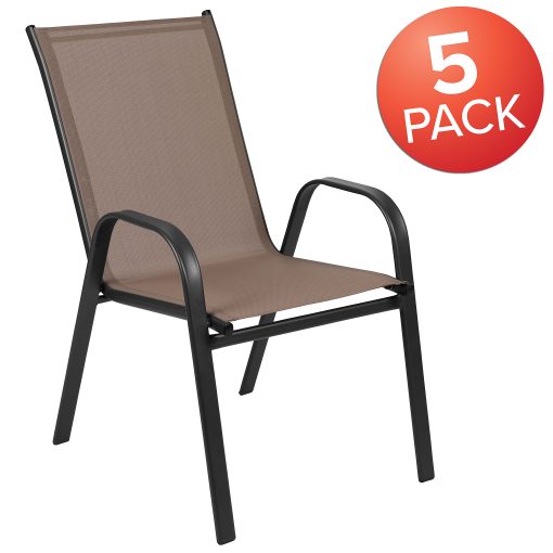 Flash Furniture Brazos Series Outdoor Stack Chairs, Black/Brown, Set Of 5 Chairs - Image 2