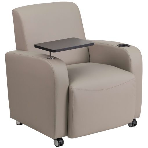 Flash Furniture LeatherSoft Contemporary Tablet-Arm Wheeled Guest Chair, Gray - Image 2