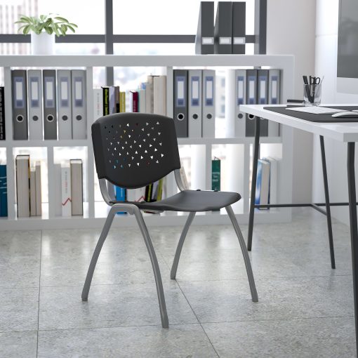 Flash Furniture HERCULES Series Plastic Stack Chair With Titanium Frame, Black/Gray