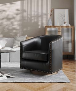 Flash Furniture Myles Club Style Commercial Barrel Accent Armchair with 360° Swivel Metal Base and Upholstery with Decorative Nail Head Trim, Black 2