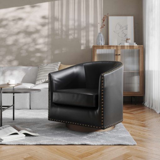 Flash Furniture Myles Club Style Commercial Barrel Accent Armchair with 360° Swivel Metal Base and Upholstery with Decorative Nail Head Trim, Black - Image 2