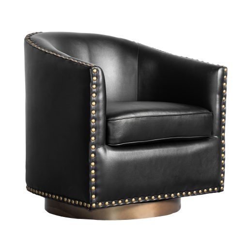 Flash Furniture Myles Club Style Commercial Barrel Accent Armchair with 360° Swivel Metal Base and Upholstery with Decorative Nail Head Trim, Black