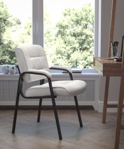 Flash Furniture LeatherSoft Executive Side Reception Chair with Powder Coated Frame, White/Black 2