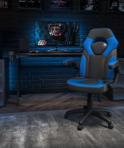 Flash Furniture X10 Ergonomic LeatherSoft™ Faux Leather High-Back Racing Gaming Chair With Flip-Up Arms, Blue/Black