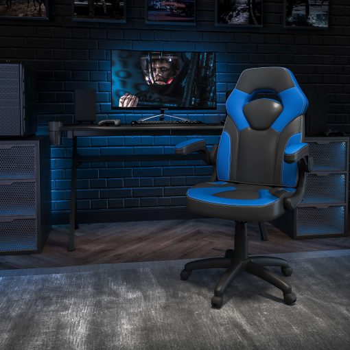 Flash Furniture X10 Ergonomic LeatherSoft™ Faux Leather High-Back Racing Gaming Chair With Flip-Up Arms, Blue/Black