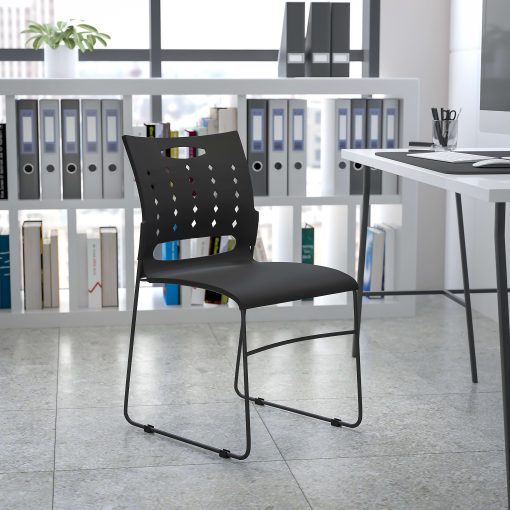 Flash Furniture Sled-Base Stacking Chair With Handle And Air-Vent Back, Black