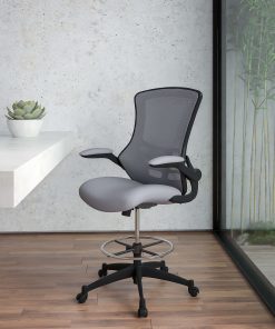 Flash Furniture Mid-Back Mesh Ergonomic Drafting Chair with Adjustable Foot Ring and Flip-Up Arms, Dark Gray