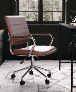 Martha Stewart Piper Faux Leather Upholstered Mid-Back Executive Office Chair, Saddle Brown/Polished Nickel