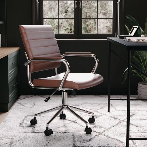Martha Stewart Piper Faux Leather Upholstered Mid-Back Executive Office Chair, Saddle Brown/Polished Nickel