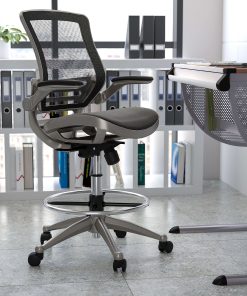 Flash Furniture Mid-Back Transparent Mesh Drafting Chair with Flip-Up Arms, Black/Graphite Silver