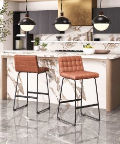 Zuo Pago Faux Leather Bar Stools With Backs, Brown/Black, Set Of 2 Stools