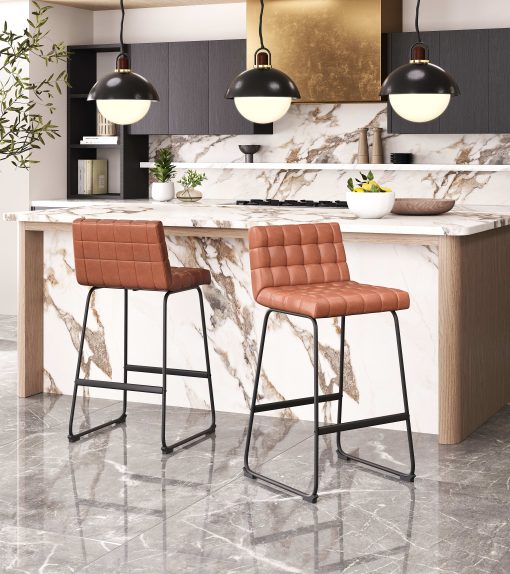 Zuo Pago Faux Leather Bar Stools With Backs, Brown/Black, Set Of 2 Stools