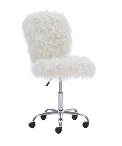 Linon Aria Faux Fur Mid-Back Home Office Chair, Armless, White/Chrome 2
