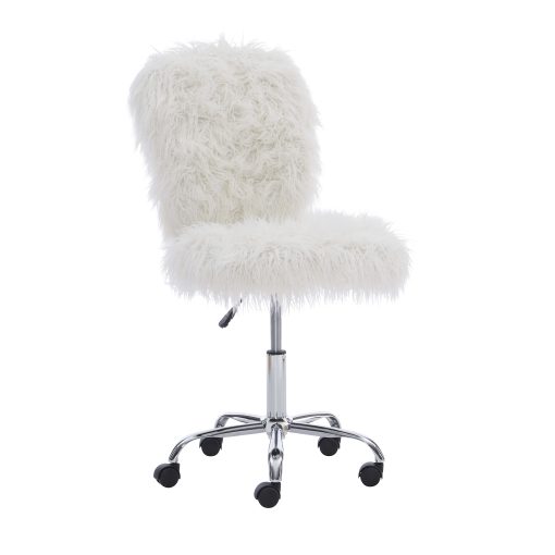 Linon Aria Faux Fur Mid-Back Home Office Chair, Armless, White/Chrome - Image 2