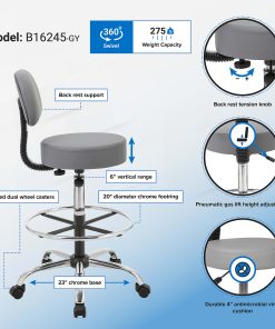Boss Office Products Medical Drafting Stool, With Backrest, Caressoft™ Vinyl, Gray 2