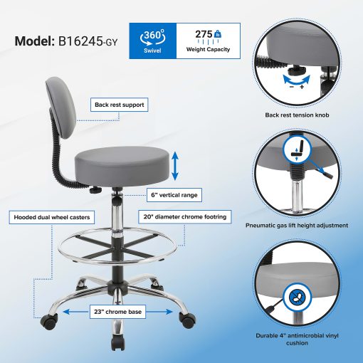 Boss Office Products Medical Drafting Stool, With Backrest, Caressoft™ Vinyl, Gray - Image 2