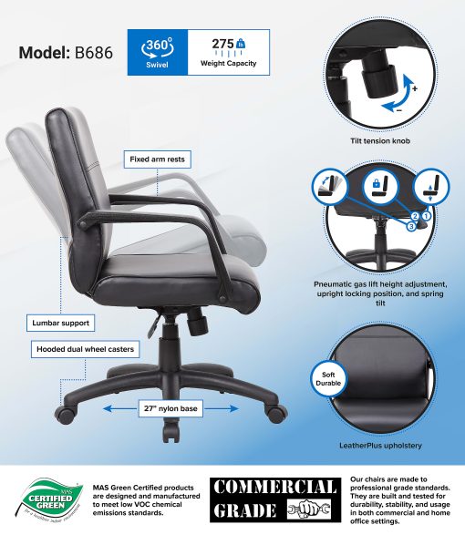 Boss Office Products Ergonomic Bonded Leather Executive Mid-Back Chair, Black - Image 2