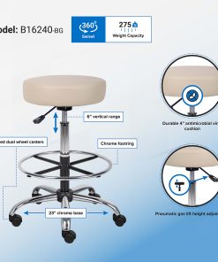 Boss Office Products Medical Stool With Antimicrobial Protection, Footring, Beige/Chrome 2