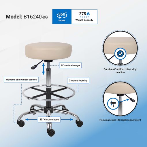 Boss Office Products Medical Stool With Antimicrobial Protection, Footring, Beige/Chrome - Image 2