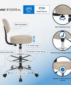 Boss Office Products Antimicrobial Medical Stool With Back And Foot Ring, Beige 2