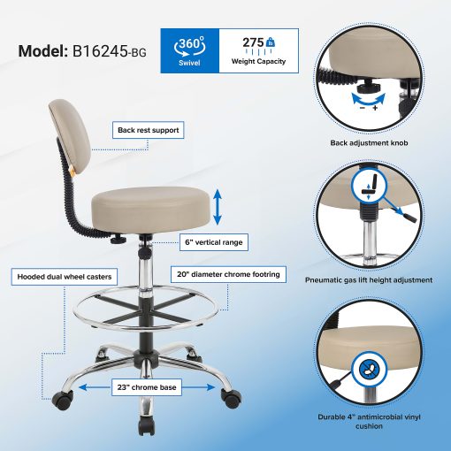 Boss Office Products Antimicrobial Medical Stool With Back And Foot Ring, Beige - Image 2